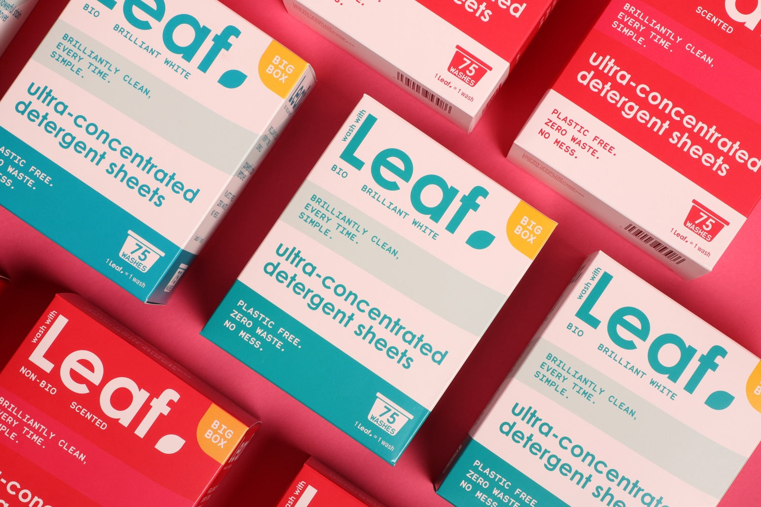 Wash with Leaf flat-lay of Leaf Bio 75 big box sustainable laundry detergent sheets