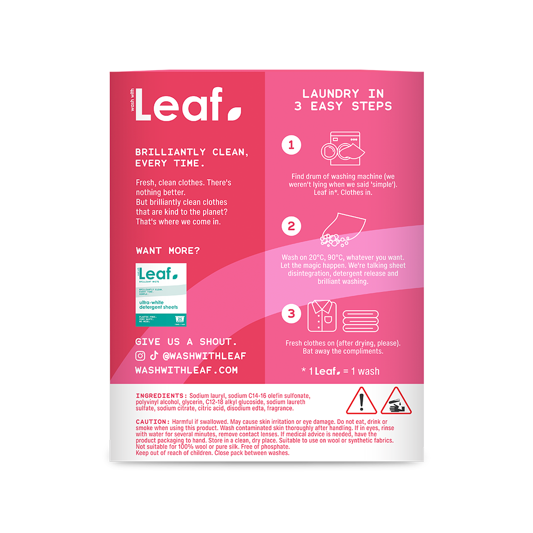 Wash with Leaf, non-bio detergent sheets. 1 lLeaf = 1 wash. Plastic free, zero waste, no mess.
