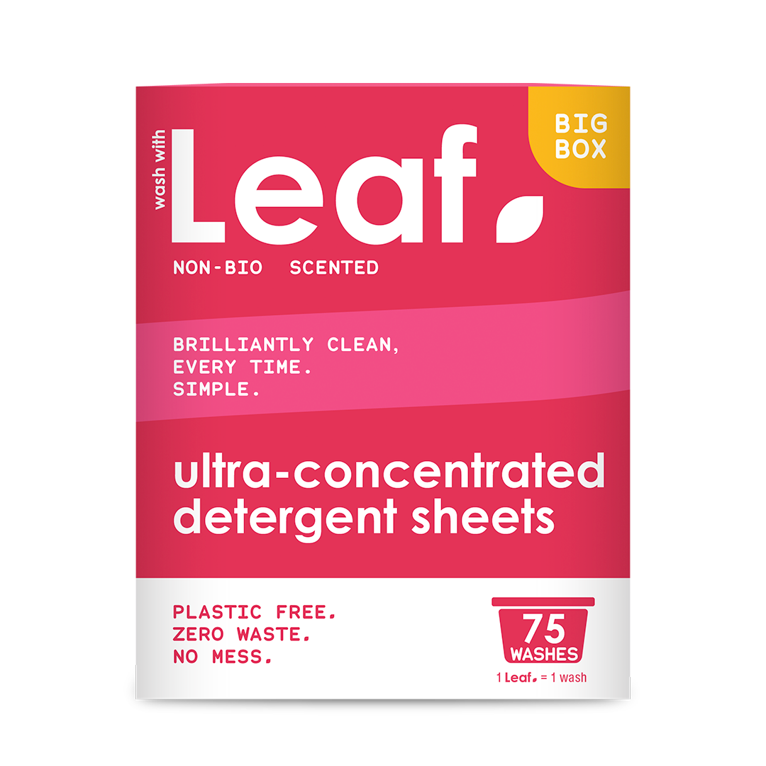 Wash with Leaf, non-bio detergent sheets. 75 washes. 1 lLeaf = 1 wash. Plastic free, zero waste, no mess.