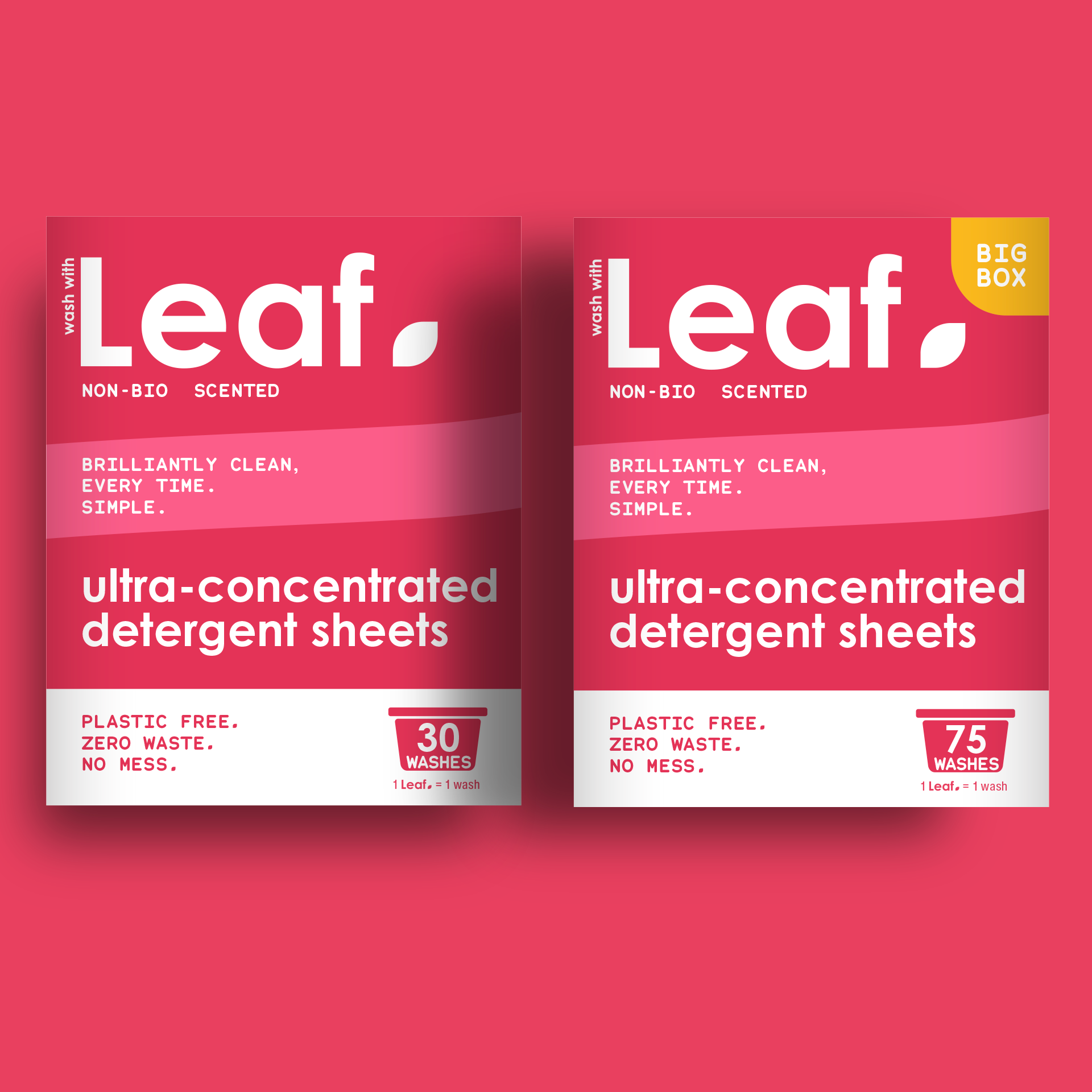 Wash with Leaf, non-bio detergent sheets. Comes in boxes of 30 and 75 sheets. 1 lLeaf = 1 wash. Plastic free, zero waste, no mess.