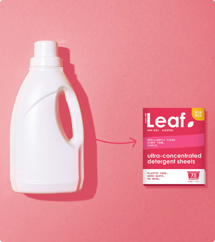 Get rid of plastic containers. Leaf non-bio laundry detergent sheet in plastic free pink packaging.