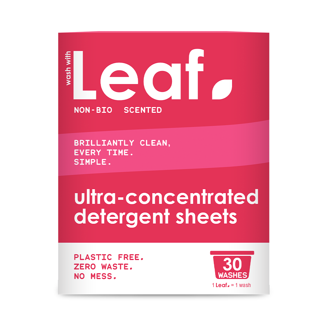 Wash with Leaf, non-bio detergent sheets. 30 washes. 1 lLeaf = 1 wash. Plastic free, zero waste, no mess.