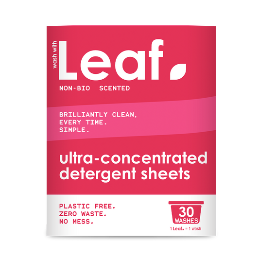 Wash with Leaf, non-bio detergent sheets. 30 washes. 1 lLeaf = 1 wash. Plastic free, zero waste, no mess.