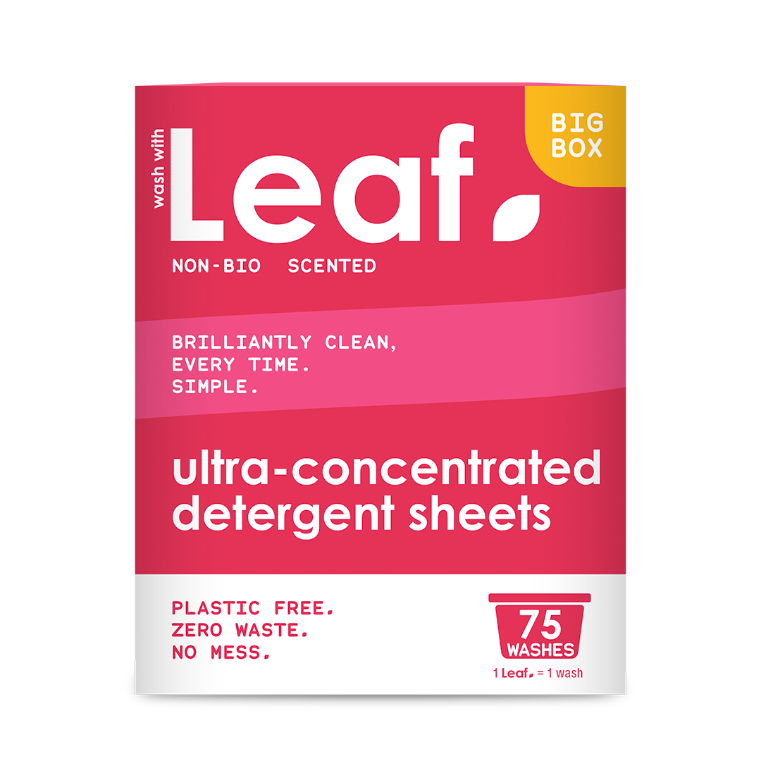 Wash with Leaf, non-bio detergent sheets. 75 washes. 1 lLeaf = 1 wash. Plastic free, zero waste, no mess. 