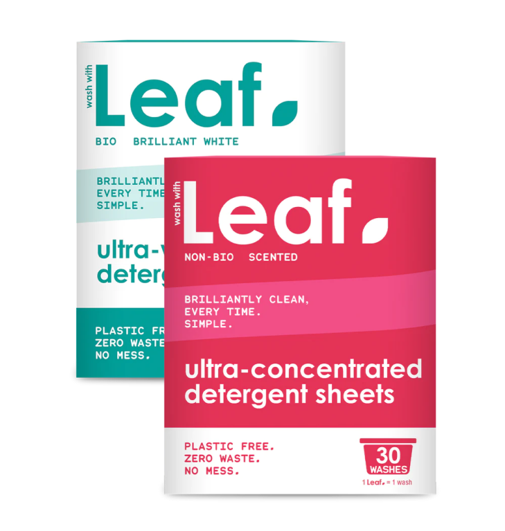 Leaf laundry detergent sheets duo pack with non-bio and brilliant white packs.