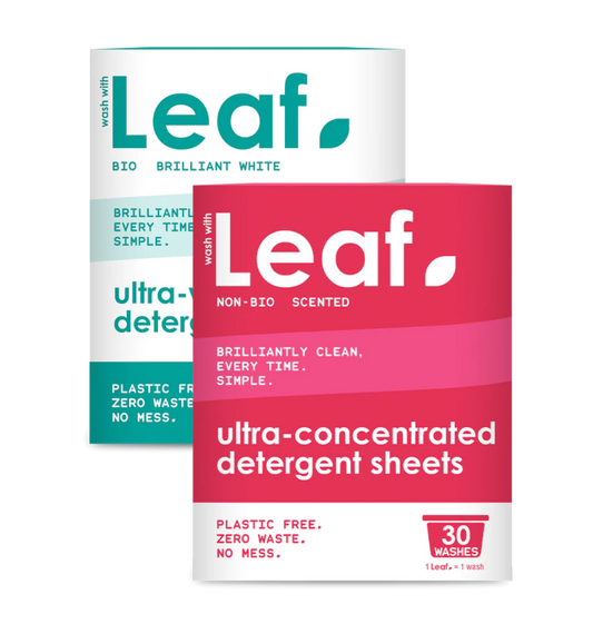 Leaf laundry detergent sheets duo pack with non-bio and brilliant white packs.