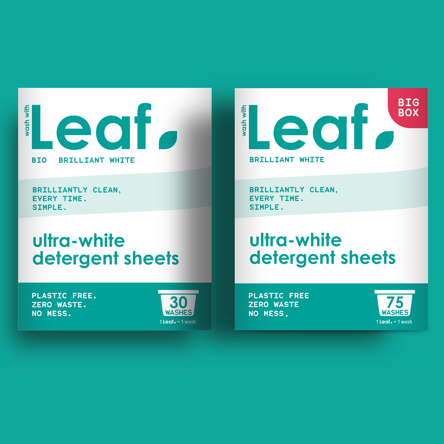 Wash with Leaf, bio brilliant white comes in 30 and 75 sheet boxes.