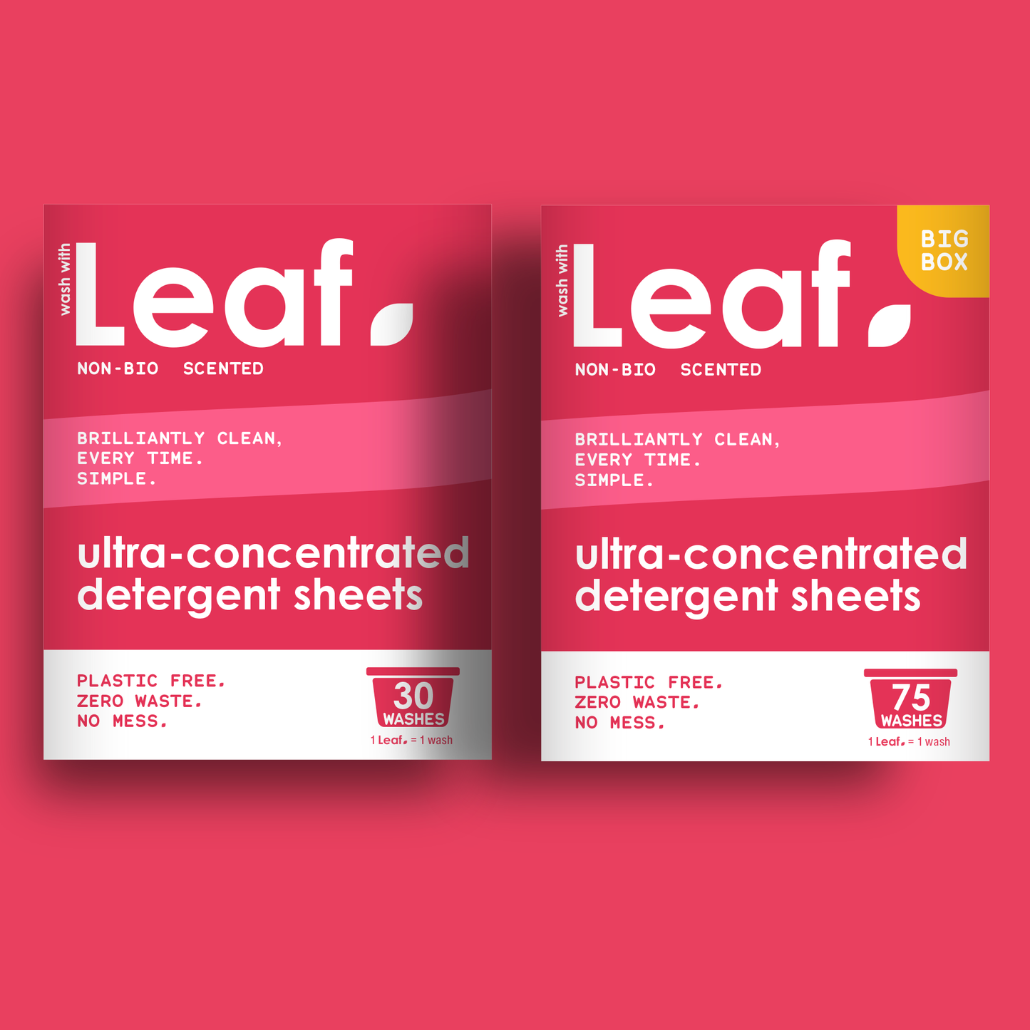 Wash with Leaf, non-bio detergent sheets. Comes in boxes of 30 and 75 sheets. 1 lLeaf = 1 wash. Plastic free, zero waste, no mess. 